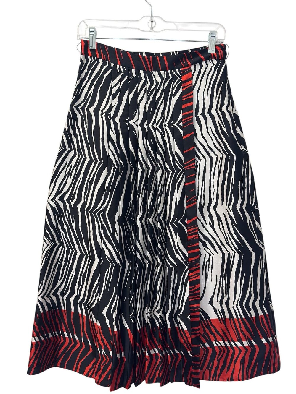 Zebra Print Pleated Midi Skirt Black White Red Size S
